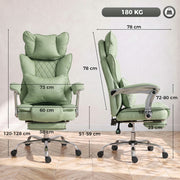 Dimension diagram showing the light green office chair's height, width, seat and armrest measurements