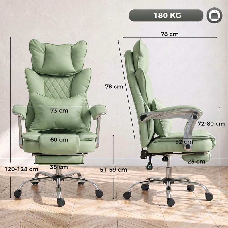 Dimension diagram showing the light green office chair's height, width, seat and armrest measurements