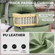Cutaway view of the spring-core cushion foam and close-up of the light green PU leather finish