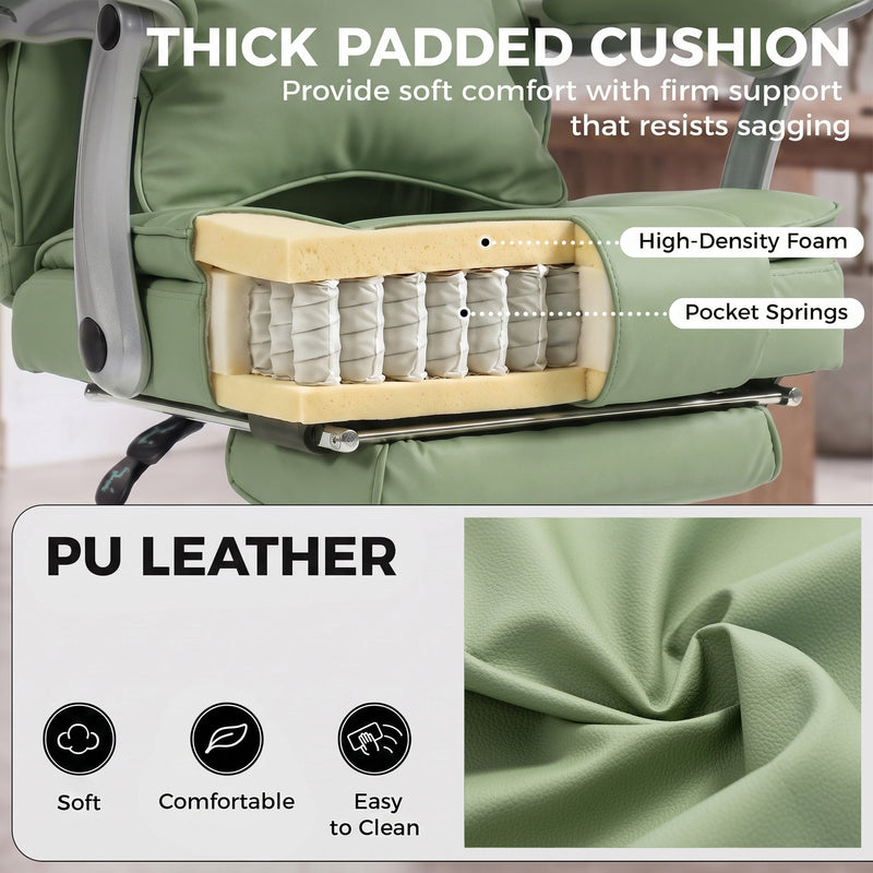 Cutaway view of the spring-core cushion foam and close-up of the light green PU leather finish