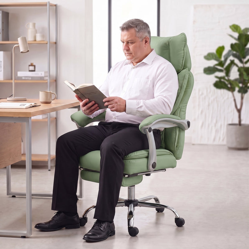 Person reading a book while seated in the reclined light green office chair