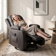 Woman relaxing fully reclined in the dark brown recliner with footrest extended