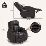 Dimension diagram showing 82W x 99D x 103H cm upright and 165D x 78H cm reclined