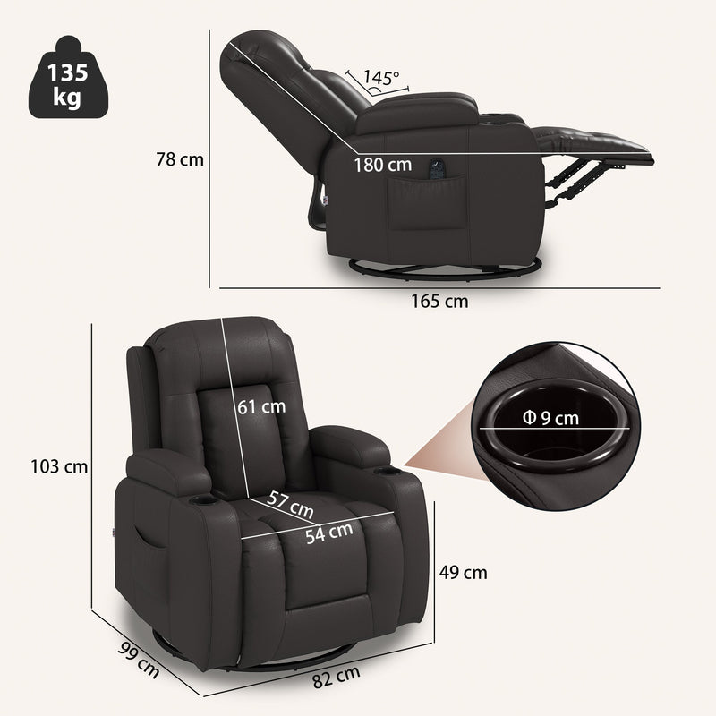 Dimension diagram showing 82W x 99D x 103H cm upright and 165D x 78H cm reclined