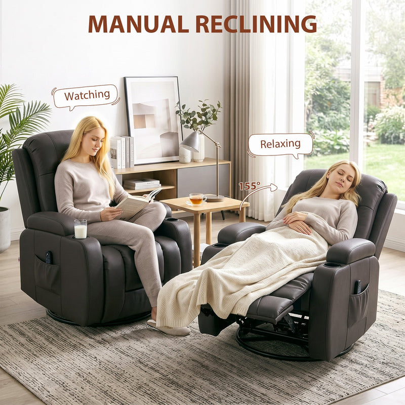 Two people relaxing in matching recliners showing the manual reclining motion