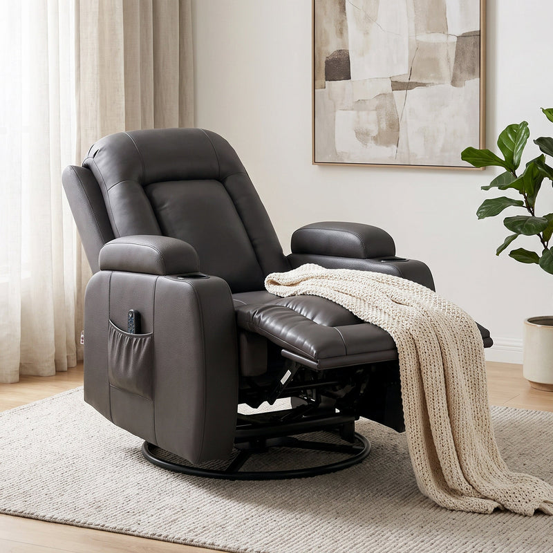 Dark brown recliner shown reclined with a throw blanket in a living room