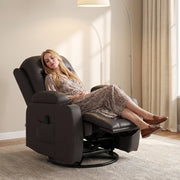 Woman sleeping in the reclined dark brown chair beside a floor lamp