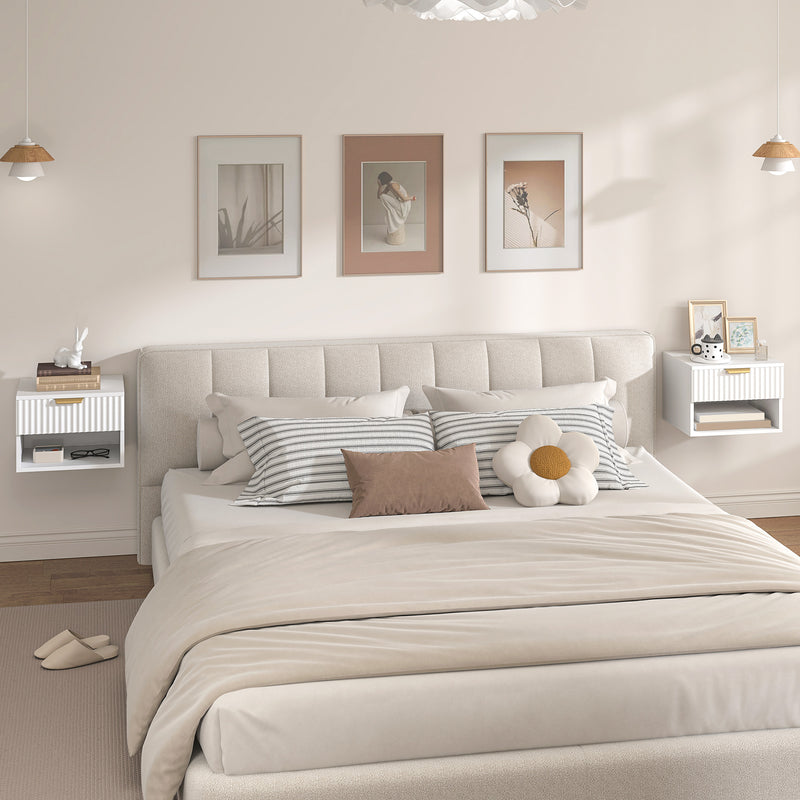 Set of 2 Wall Mounted Bedside Tables with Fluted Drawer and Shelf Ideal for Bedrooms White