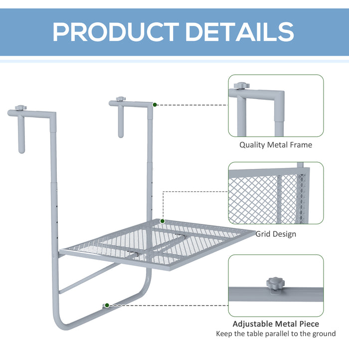 Grey Folding Metal Balcony Hanging Table Adjustable Wall Mount Desk for Garden and Patio by Outsunny