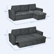 3 Seater L Shaped Sofa Bed With Pull Out Sleeper And Storage For Living Room Dark Grey