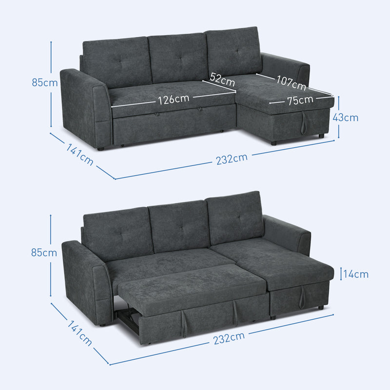 3 Seater L Shaped Sofa Bed With Pull Out Sleeper And Storage For Living Room Dark Grey
