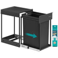 Songmics pull-out kitchen bin frame with the ink black steel bucket and ABS lid open