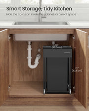 Dimension diagram showing the Songmics kitchen bin's width and height fitted inside a cabinet