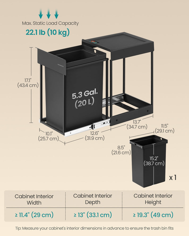 Full dimension diagram of the Songmics kitchen bin frame, inner bucket and minimum cabinet size