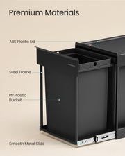 Labelled diagram of the Songmics kitchen bin's ABS lid, steel frame, PP bucket and metal slide