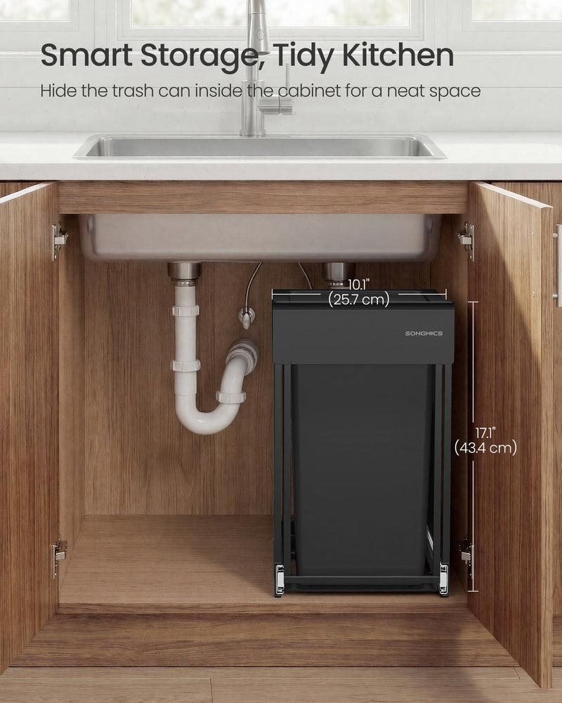 Diagram showing the kitchen bin fitted under a sink with a width of 25.7 cm