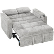 Grey 2 seater sofa bed with the base pulled out into a double bed on a white background