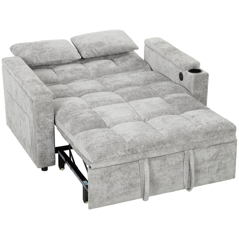 Grey 2 seater sofa bed with the base pulled out into a double bed on a white background