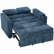Dark blue 2 seater sofa bed with the base pulled out into a double bed on a white background