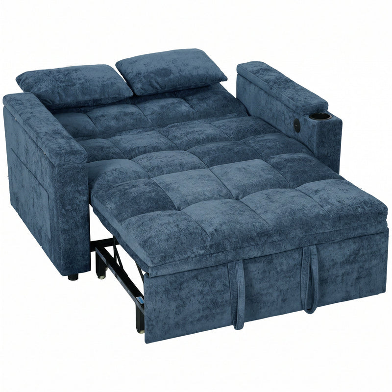 Dark blue 2 seater sofa bed with the base pulled out into a double bed on a white background