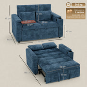 Dark blue sofa bed dimensions diagram showing sofa size, 190 cm pulled-out length and 240 kg load