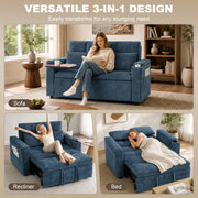 Three lifestyle shots of the dark blue sofa bed used as a sofa, a recliner and a bed