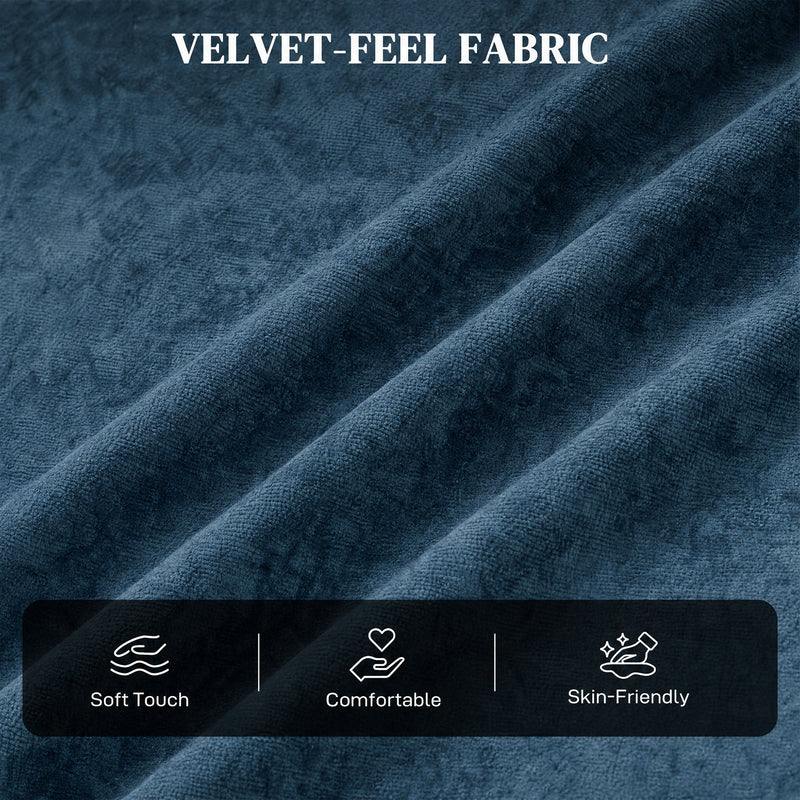 Close-up of the dark blue velvet-feel sofa bed fabric