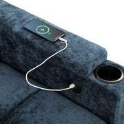 Close-up of the dark blue sofa bed armrest USB port and cup holder with a phone charging