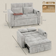 Grey sofa bed dimensions diagram showing sofa size, 190 cm pulled-out length and 240 kg load
