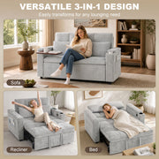 Three lifestyle shots of the grey sofa bed used as a sofa, a recliner and a bed