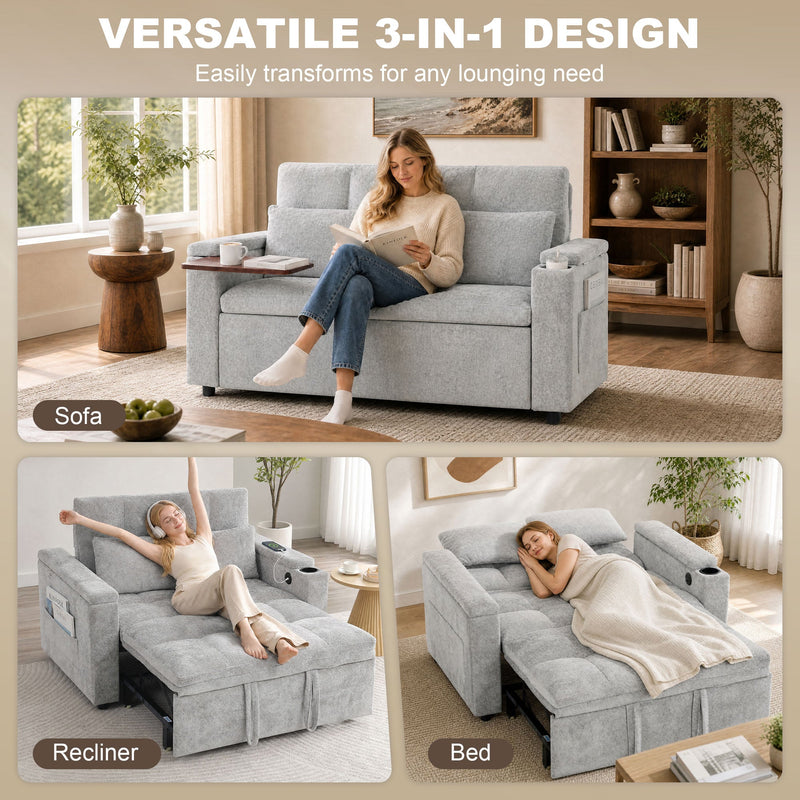 Three lifestyle shots of the grey sofa bed used as a sofa, a recliner and a bed