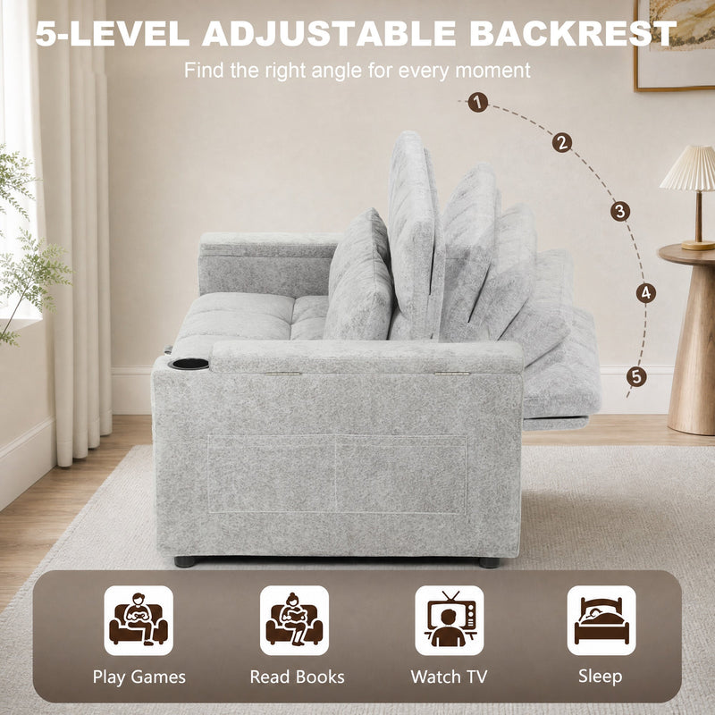 Grey sofa bed side view showing the 5 backrest angle positions