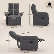 Dimension diagram showing the recliner armchair's width, depth, height and reclined length