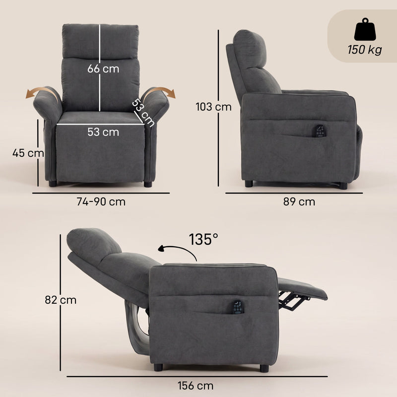 Dimension diagram showing the recliner armchair's width, depth, height and reclined length