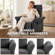 Woman reading with the recliner's armrest opened outward to a wider 3-angle position