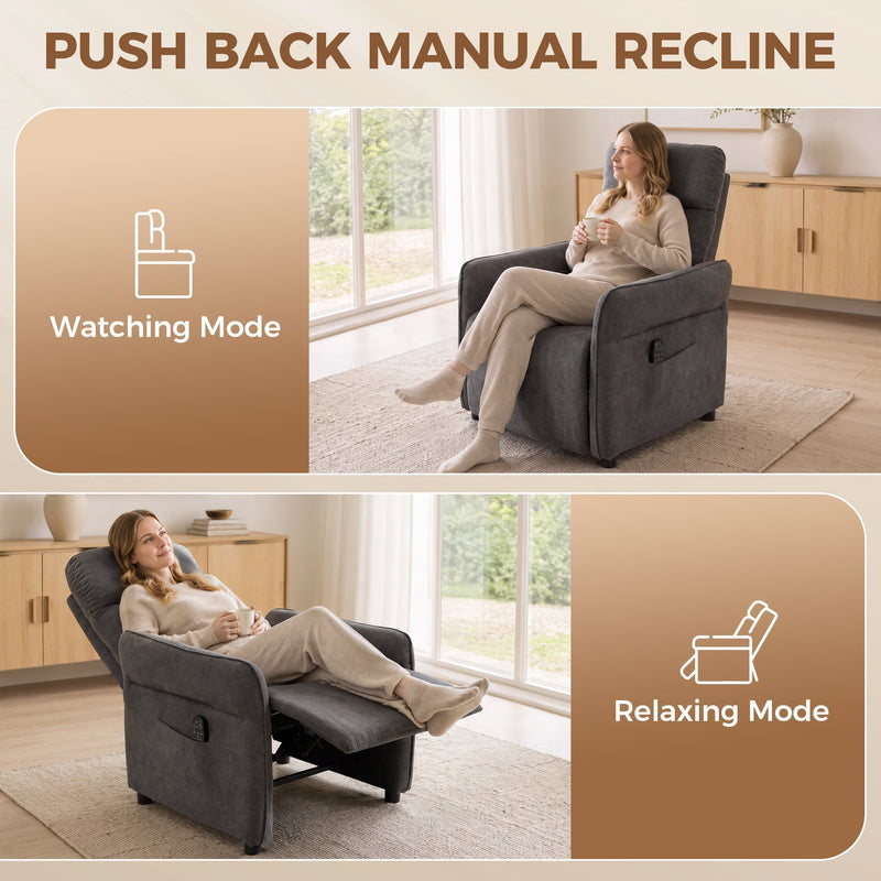 Watching mode and relaxing mode shown side by side on the push-back recliner