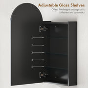 Arched Bathroom Mirror Cabinet With Adjustable Glass Shelves For Storage, Black
