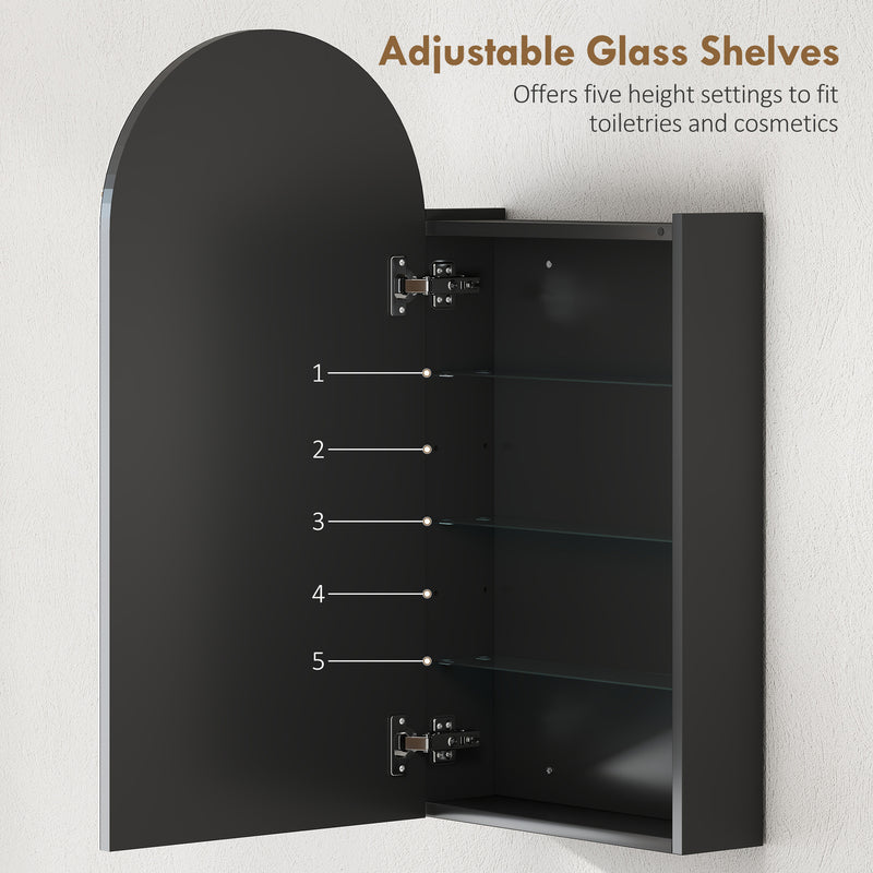 Arched Bathroom Mirror Cabinet With Adjustable Glass Shelves For Storage, Black