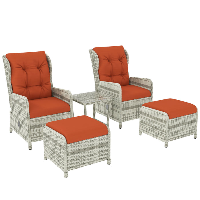 5 Piece Rattan Bistro Set with Reclining Chairs Cushions and Table in Orange by Outsunny