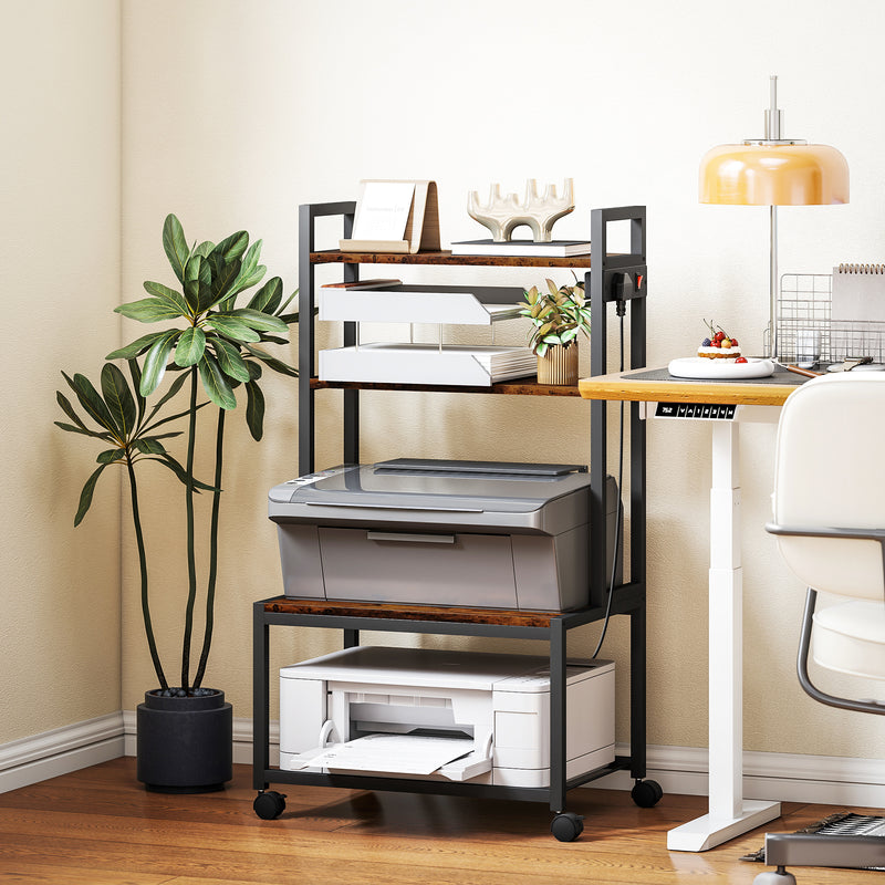 4 Tier Mobile Printer Stand with Power Outlets for Home Office Storage Rustic, Brown