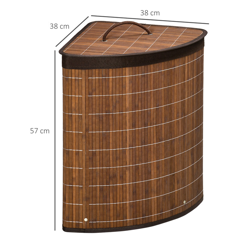 Brown Bamboo Laundry Basket With Lid 55L Removable Washable Lining Corner Hamper by HOMCOM