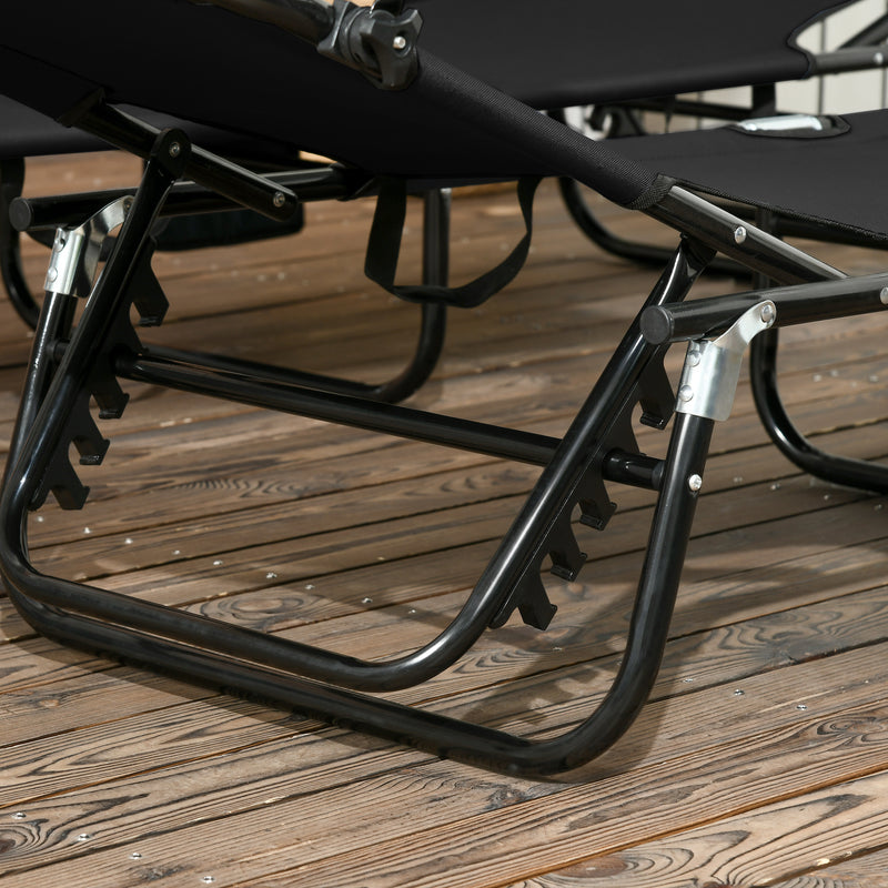 Black Folding Sun Loungers Set of 2 Adjustable Backrests and Face Canopies for Outdoor Use Black Outsunny