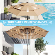 Garden Parasol with Solar LED Lights and Adjustable Shade for Outdoor Dining Khaki Outsunny