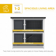 Two Tier Wooden Rabbit Hutch With Slide Out Tray For Outdoor Use, Grey