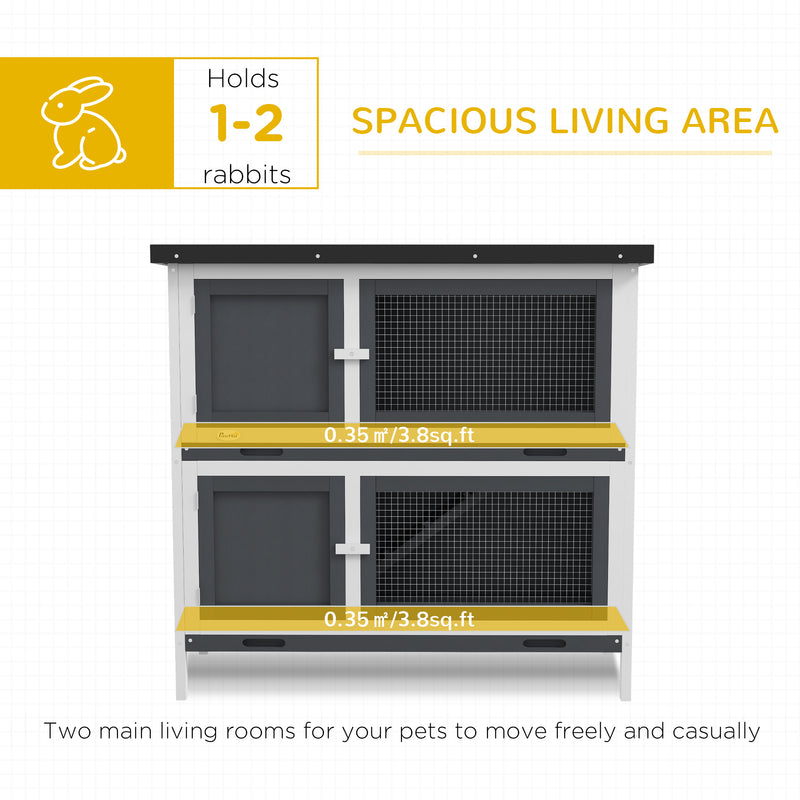 Two Tier Wooden Rabbit Hutch With Slide Out Tray For Outdoor Use, Grey