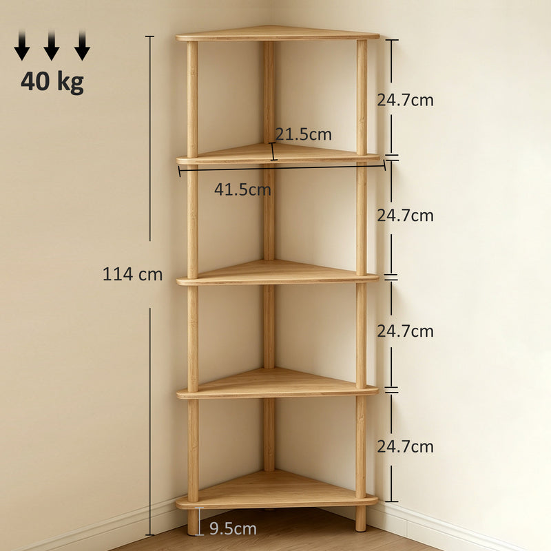 Bathroom Corner Shelf 5 Tier Bamboo Storage for Toiletries and Towels Natural Wood Finish