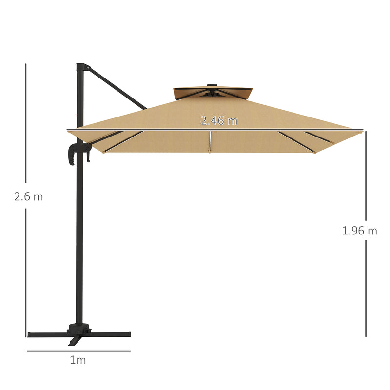 2.5m Cantilever Parasol with Solar LED Lights 360Â° Rotation and Crank Handle Khaki by Outsunny