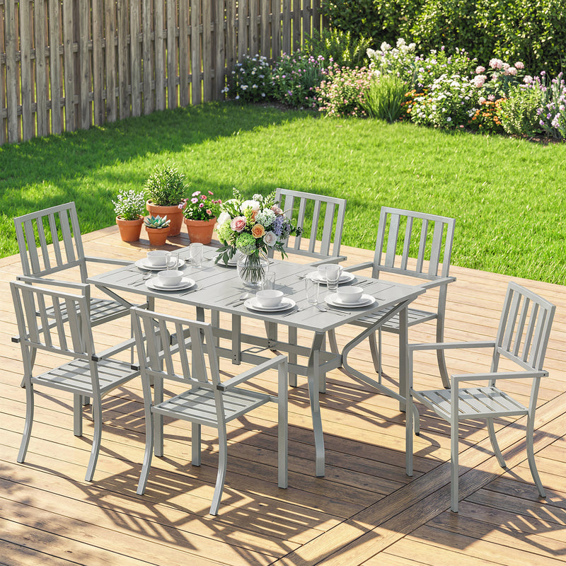Garden Dining Set for 6 with Stacking Chairs and Weatherproof Steel Frame, Light Grey
