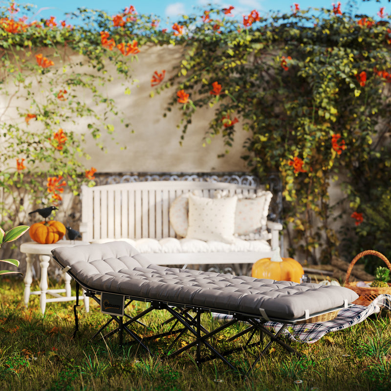 Folding Camp Bed with Thick Mattress and Side Pocket for Outdoor Relaxing Light Grey