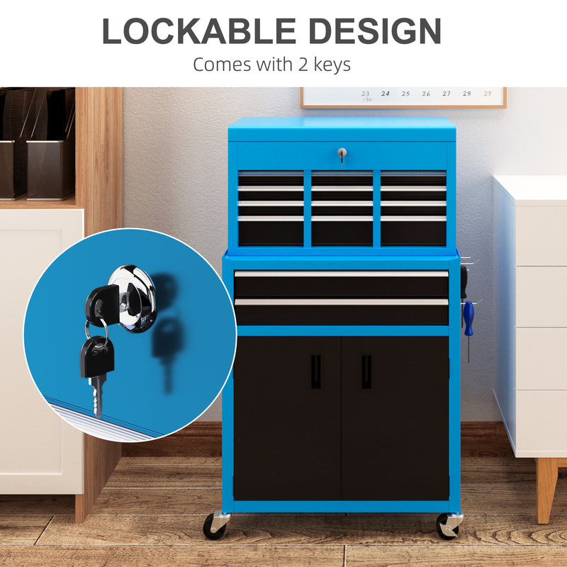Portable Metal Tool Chest with 6 Drawers and Wheels for Garage and Workshop Use Blue